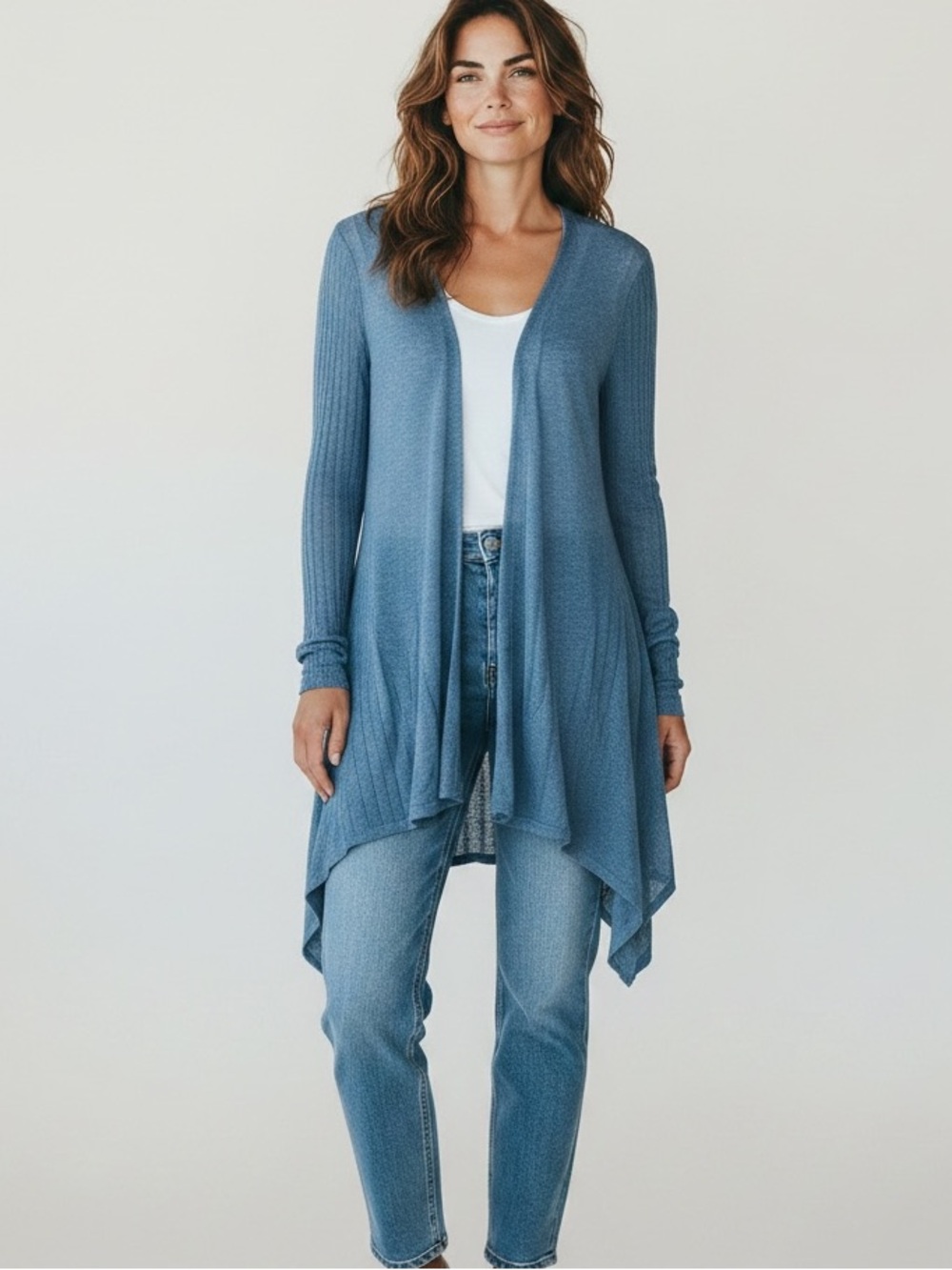 EILEEN FISHER LINEN LIGHT BLUE OPEN FRONT ASYMMETRICAL CARDIGAN S